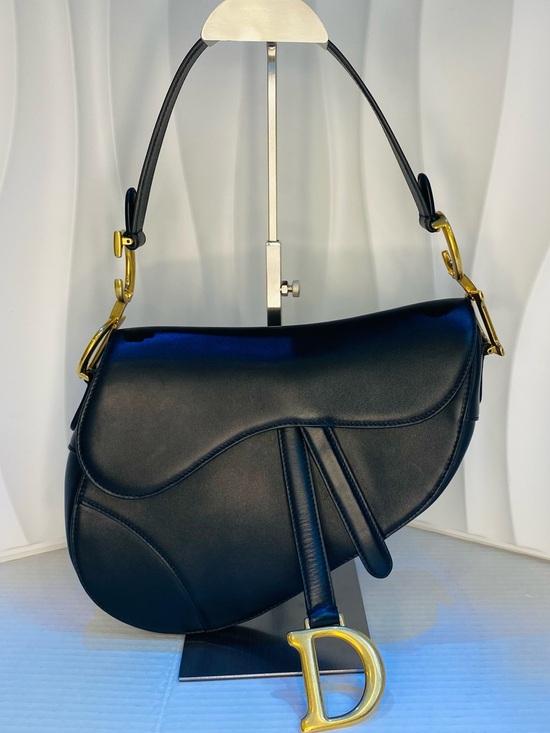 Dior Handbags - Dior Black Saddle Shoulder Bag with Gold 'D' Charm